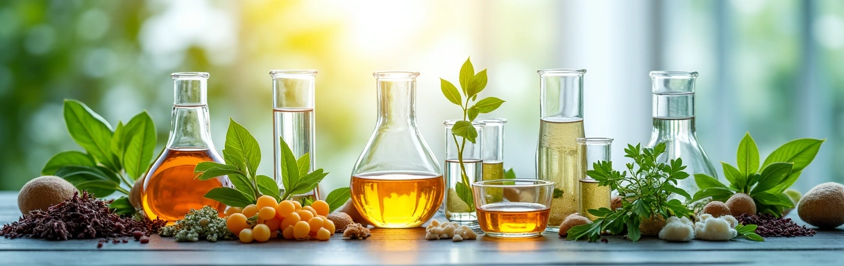 A serene image depicting natural ingredients and scientific tools, symbolizing Venyora's blend of nature and innovation. No text, no letters, no inscriptions.