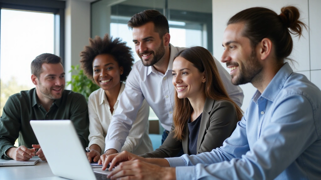 A diverse team of professionals collaborating in a modern, bright office space, smiling and engaged. No text, no letters, no inscriptions.