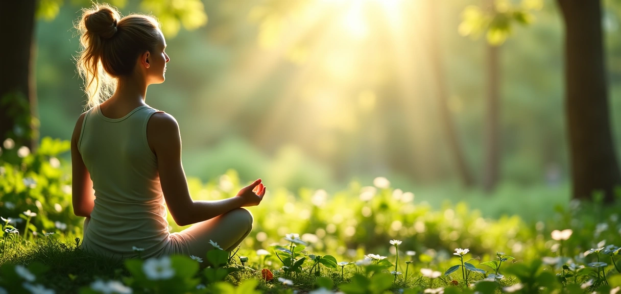 A serene image of a woman meditating in a lush green environment, symbolizing health and inner peace, with soft, natural lighting.