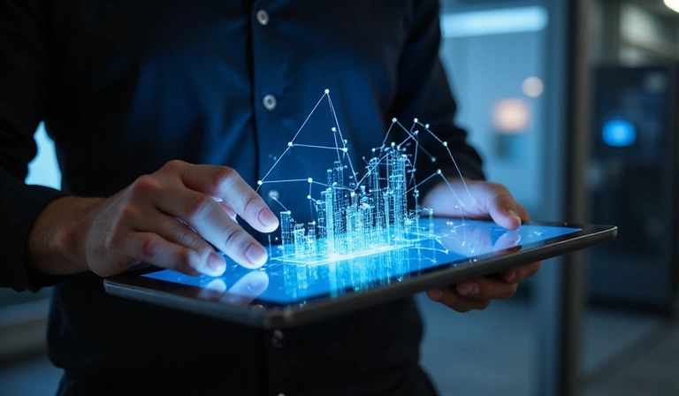 Person interacting with data visualization on a tablet