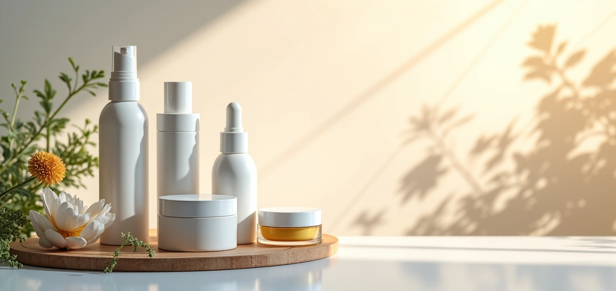 A serene image of natural skincare products, elegant bottles, and radiant skin, symbolizing purity and beauty.