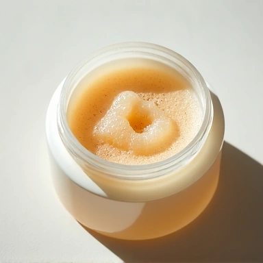 Exfoliating scrub with fine beads visible, in a modern jar.