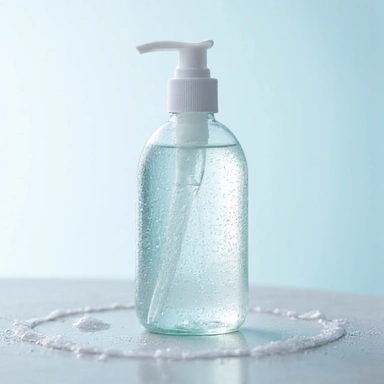Gentle foaming cleanser in a pump bottle, with soft bubbles and water droplets.