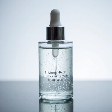 Hyaluronic acid serum in a sleek, translucent bottle, emphasizing hydration.